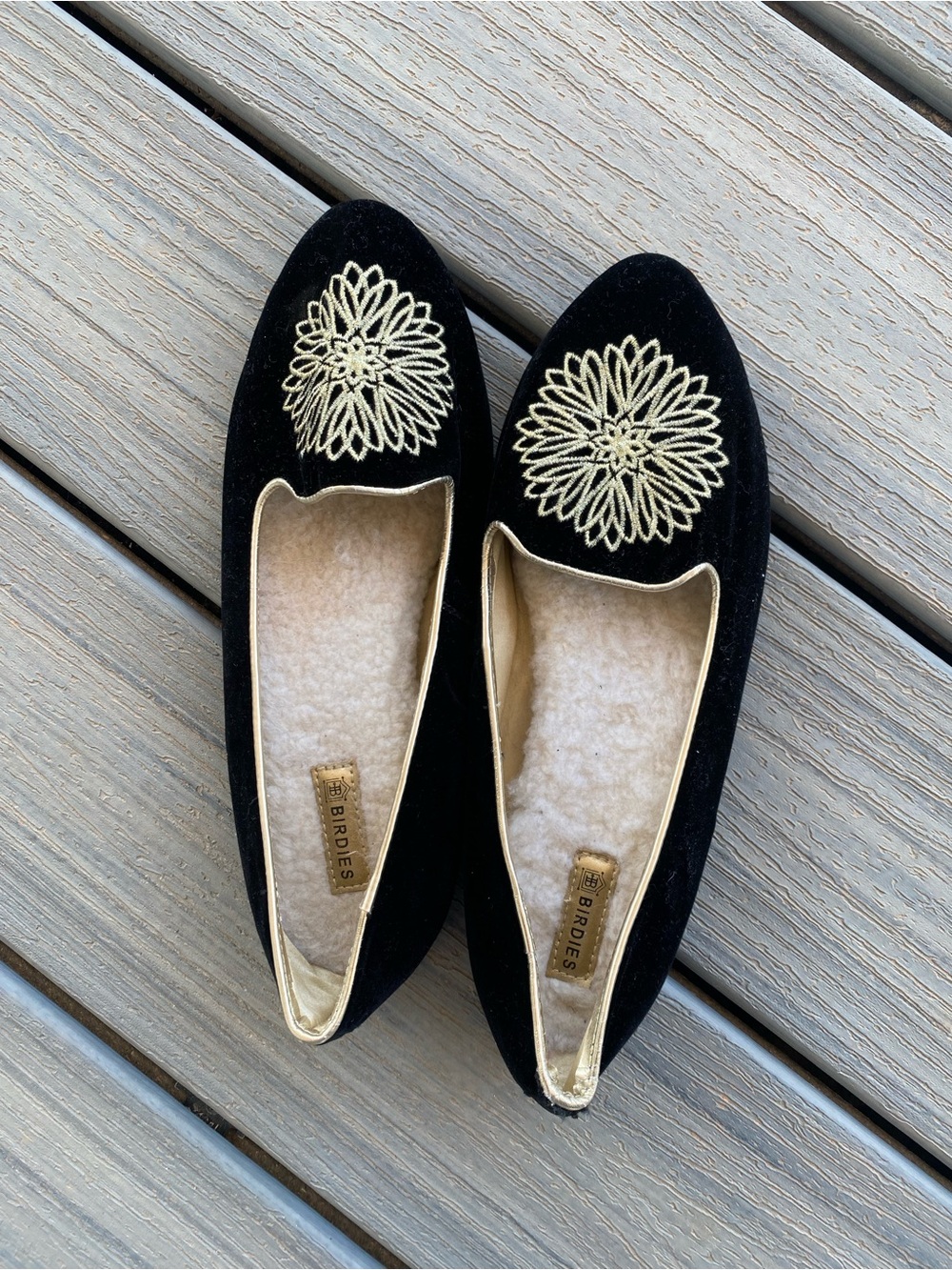 Birdies Black Velvet Embroidered Floral Loafers with Gold Trim 8